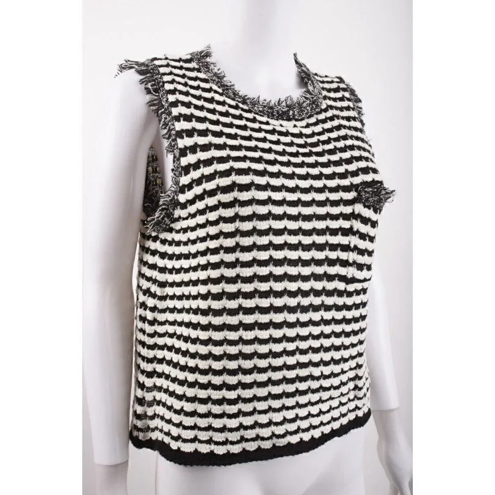 Zara Womens Knit Sweater Top Frayed Edges Rhinestone Buttons M Black White NWT